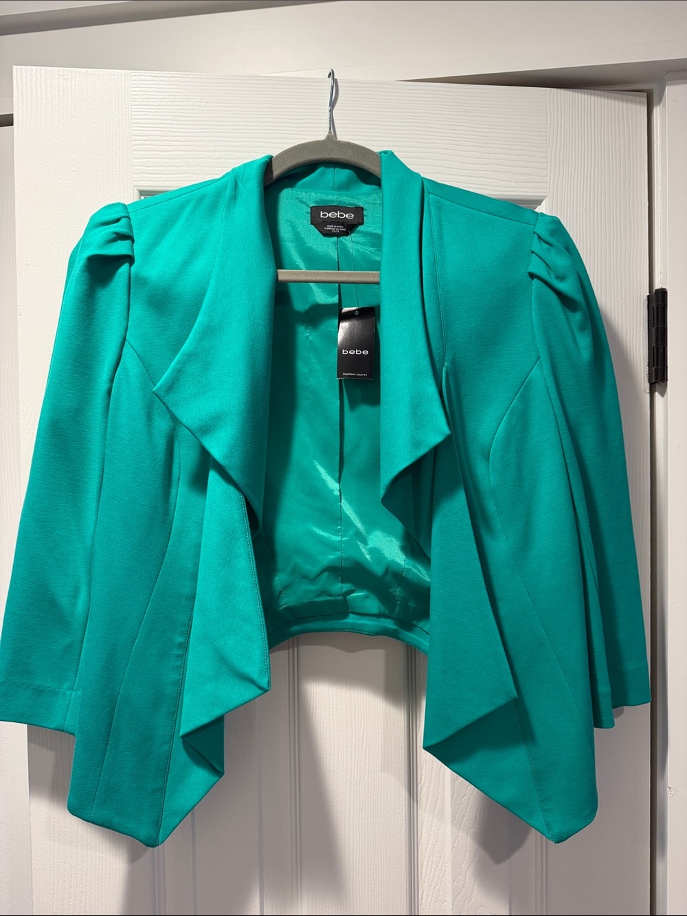 bebe Teal Open-Front Cropped Blazer with Puff Shoulders